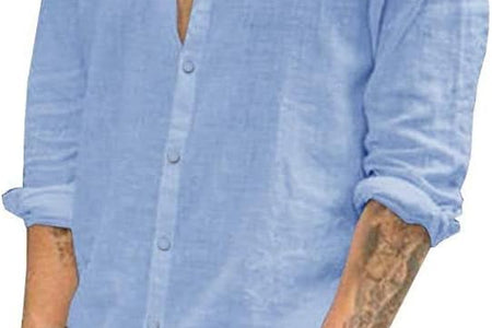 Mens Long Sleeve Casual Cotton Linen Shirts Buttons down Summer Solid Plain Beach Yoga T Shirts