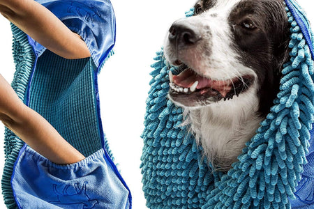 Quick Dry Towel for Dogs | Ultra Absorbent Microfiber Shammy | Extra Large 35X15 Size for All Breeds | Comfortable Hand Pockets | Indoor Outdoor Use | Durable Material | Machine Washable
