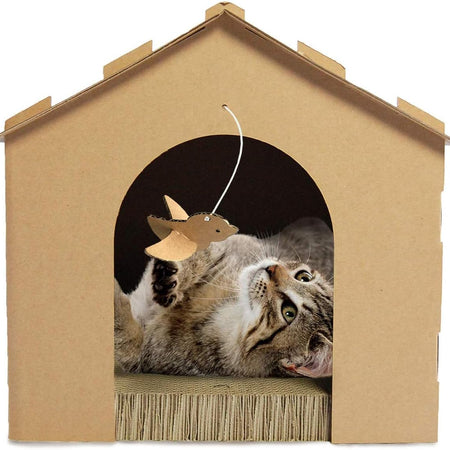 Pet Furniture for Cats and Kittens - Gingerbread House Corrugated Cat Scratcher Hideout with Catnip, Cardboard (Brown), One Size
