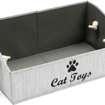 Large Cat Toys Storage Bins - Foldable Fabric Trapezoid Organizer Boxes with Weave Rope Handle, Collapsible Basket for Shelves,Cat Toys,Cat Apparel & Accessories(Gray-Cat)