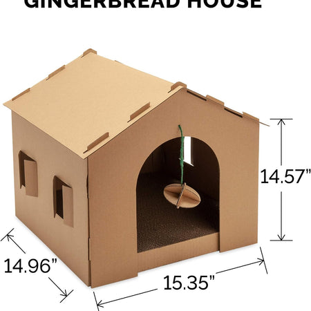 Pet Furniture for Cats and Kittens - Gingerbread House Corrugated Cat Scratcher Hideout with Catnip, Cardboard (Brown), One Size